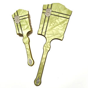 Vintage Art Deco Hand Mirror Brush Set Beveled Celluloid Green Pearlized Lucite